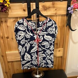 Lucky Brand Navy and White Leaf Print Blouse with Red Trim
